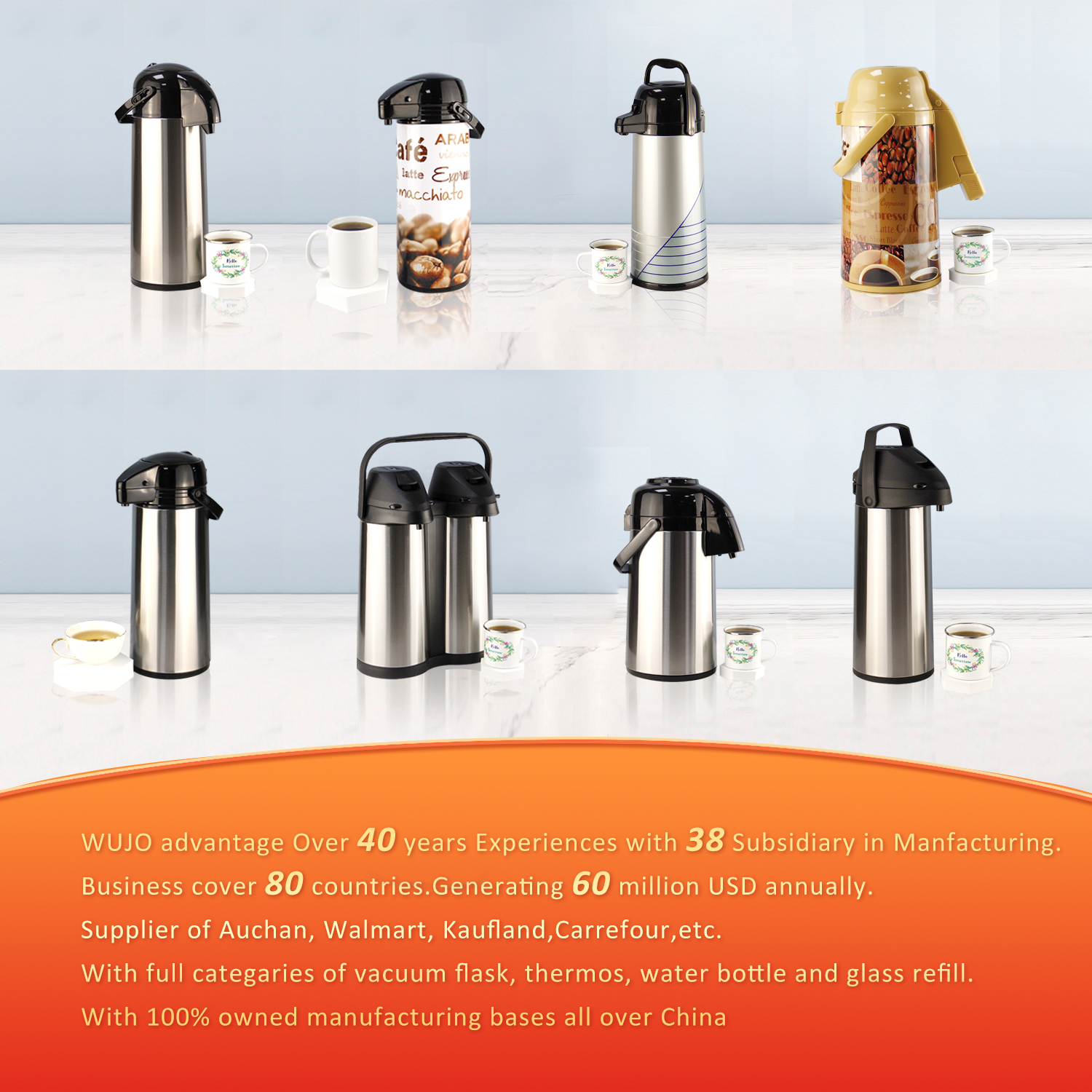 WUJO Commercial OEM Full Printing Hot Water Tea Coffee Thermal Pump Pot