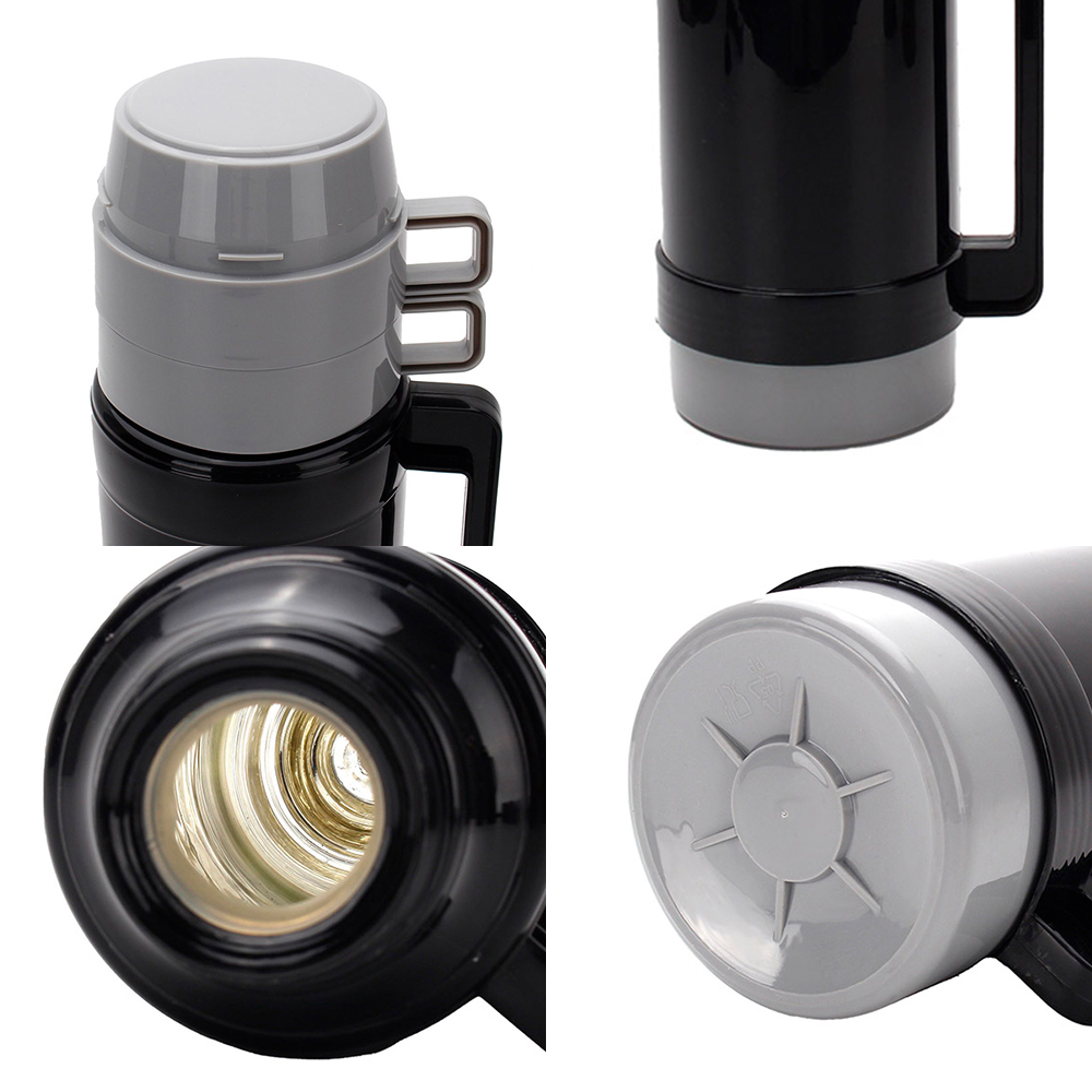 WUJO 1L Plastic Black Grey Travel Glass Inner Insulated Vacuum Flask & Thermos